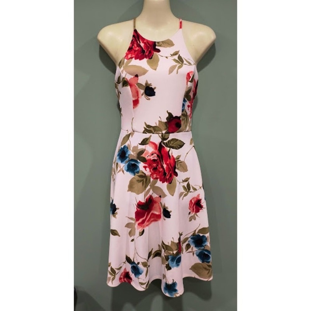 AQUA Rose Print Sundress with Crisscross Back Straps, Wht, Red, Blue, Sz S